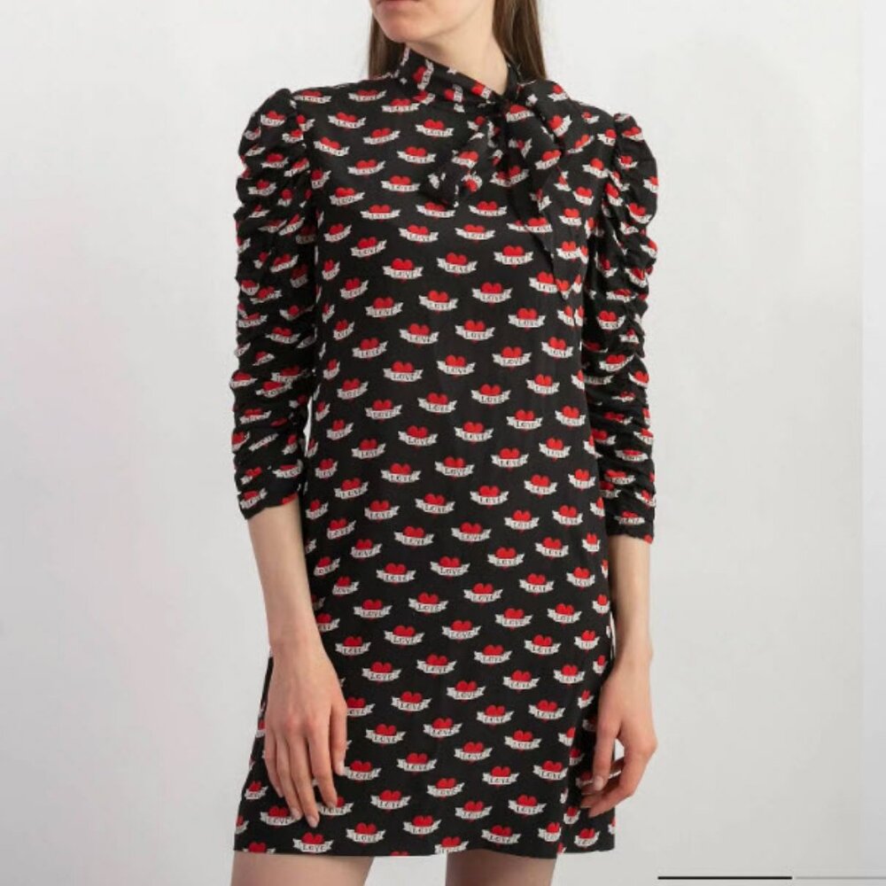 Women Sandro Mareva Love Black Red White 100% Silk Tattoo Print Mini Dress 2